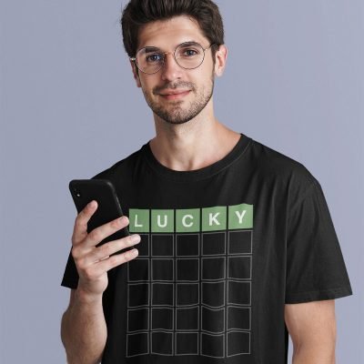 Man wearing Wordle Lucky T-shirt in black
