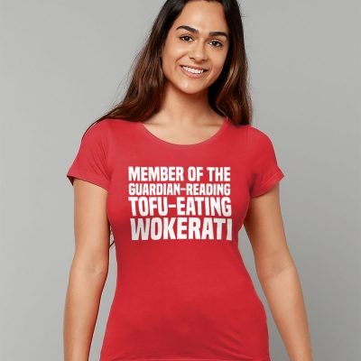 Woman wearing the Member of the Guardian-reading Tofu-eating Wokerati women's T-shirt in red