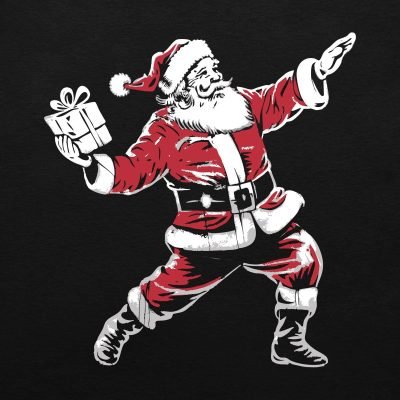 Santa throwing a present stencil T-shirt close up